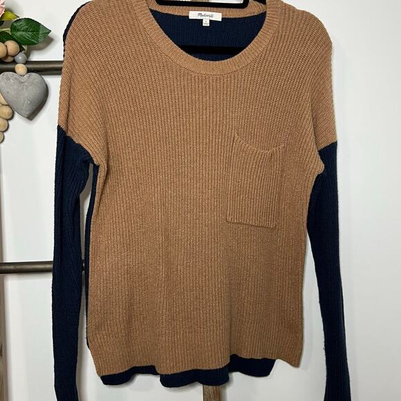 Madewell Long Sleeve Color Block Brown Navy Crew Neck Sweater Size Small - Picture 2 of 7
